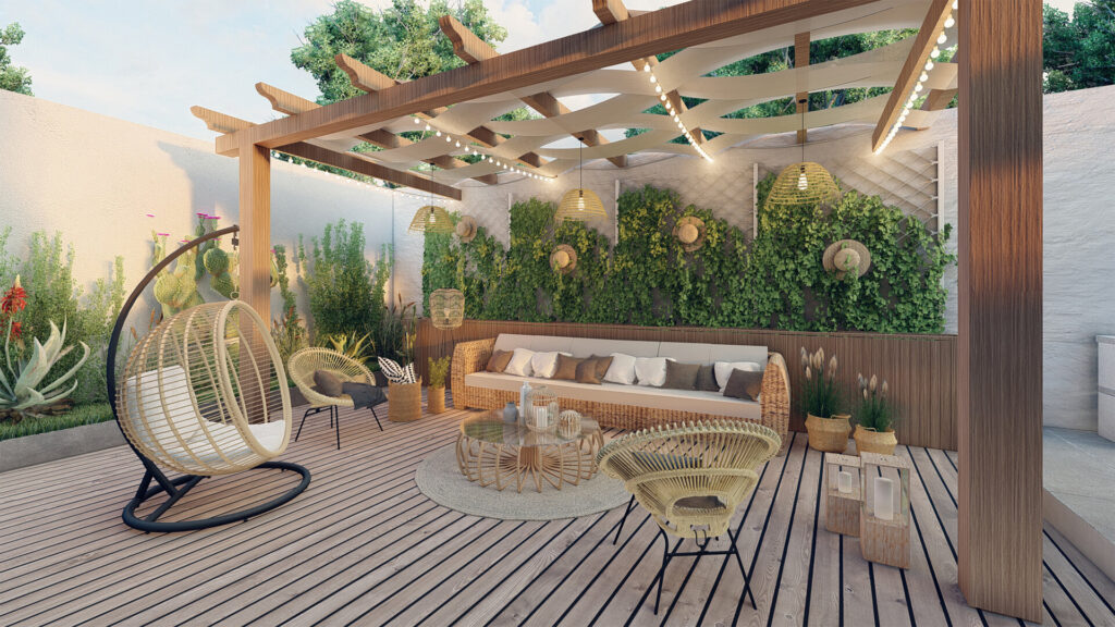 Gemütliche Terrasse mit Sofa, Tisch, Stühlen und Überdachung