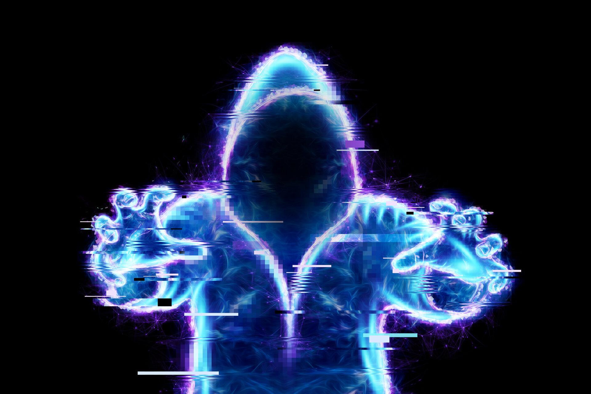 Hologramm eines digitalen Hackers im Computerraum, als Symbol für HackerAngriff, oder Internetkriminalität.