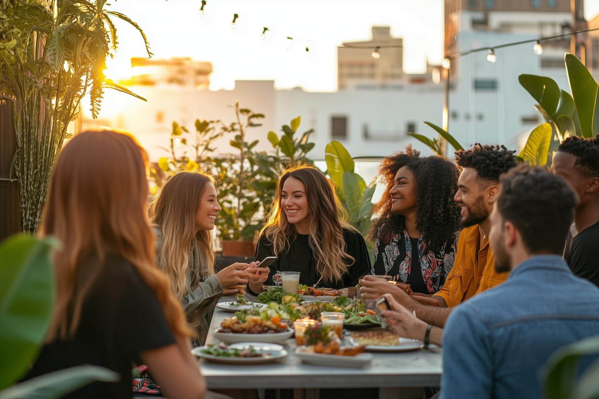 Freunde genießen gemeinsames Essen im Sonnenuntergang | Elfliq Liquid